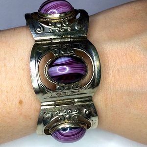 MEXICAN SILVER PANEL BRACELET WITH GLASS CABOCHONS